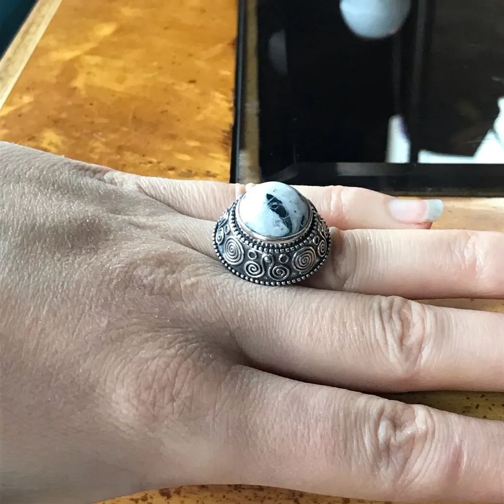 Genuine White Buffalo Turquoise Sterling Silver Cocktail Ring Size 7